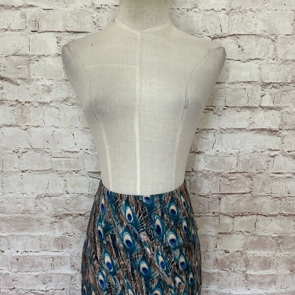 Talbots Petites 2P Peacock Feather Pencil Skirt Teal Blue Stretch Classic Office - Picture 3 of 4